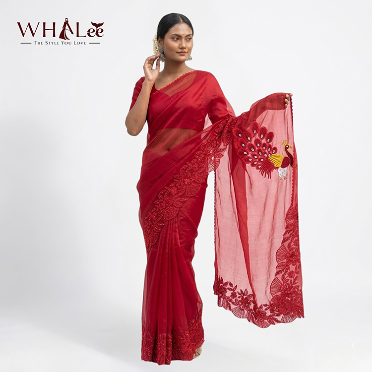 Red Floral Peacock Design Muslin Saree